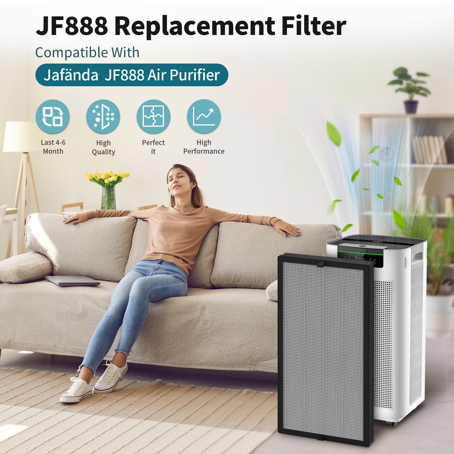 JF888 Replacement Filter, H13 True HEPA Filter with Activated Carbon, 2 Pack Original Filters