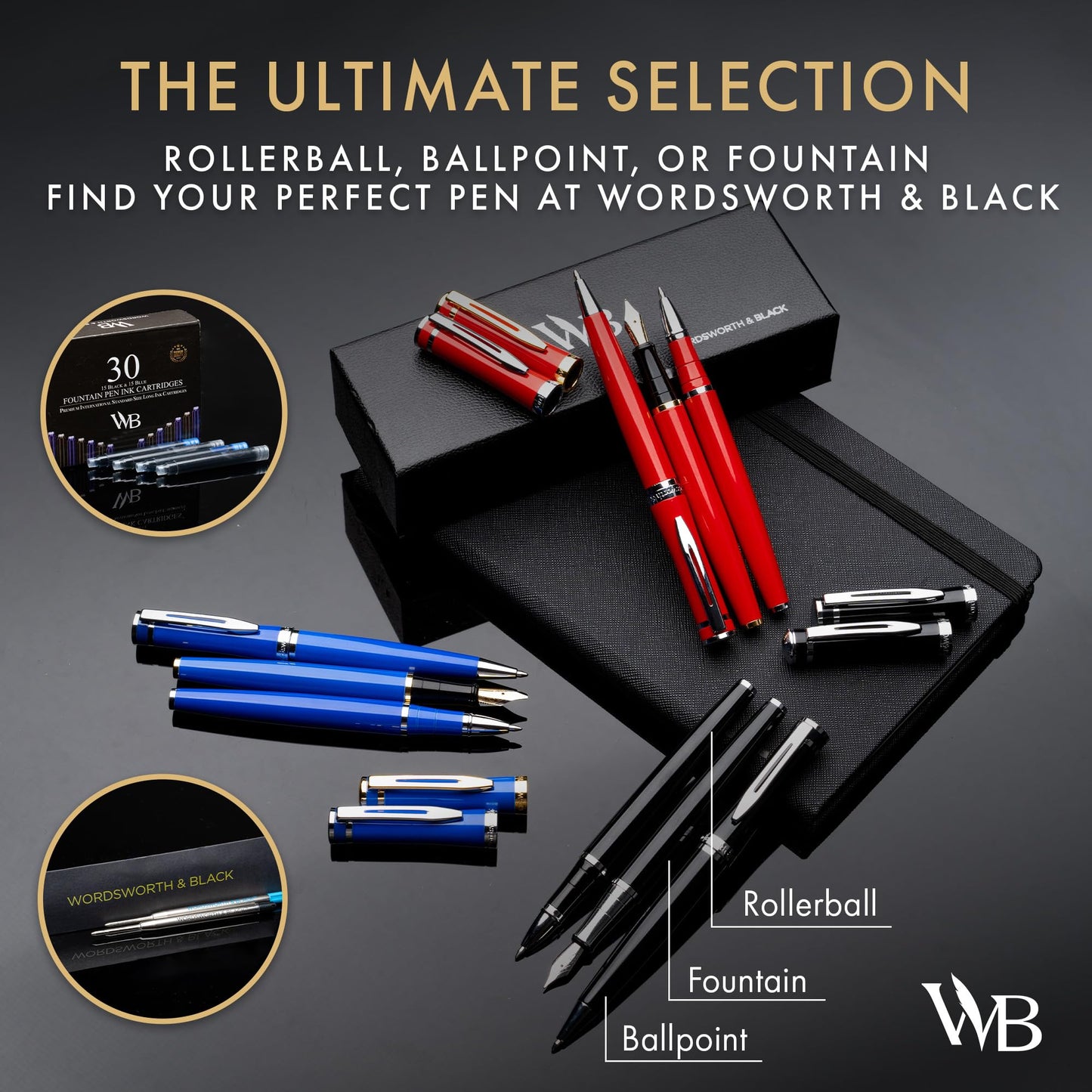 Wordsworth and Black Luxury Ballpoint Pen Set - Silver Lacquer 24K Gold Finish, Refillable Fine Point, Elegant Gift for Men & Women, Includes Ink Refill, Nice Pens for Work