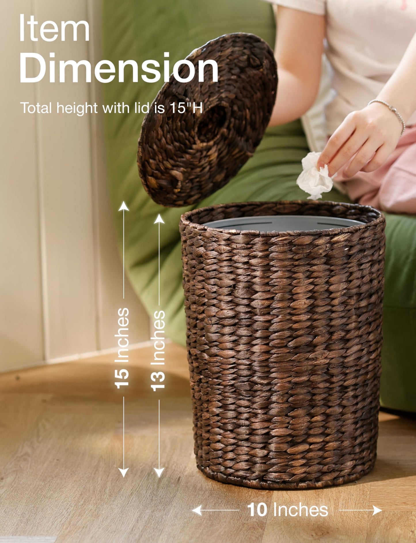 4 Gallons Wicker Waste Basket - Water Hyacinth Bathroom Trash Can - Garbage Can with Lid Boho Style - Wicker Trash Can with Lid for Bedroom, Kitchen - Removable Liner, Handwoven (Black Color)