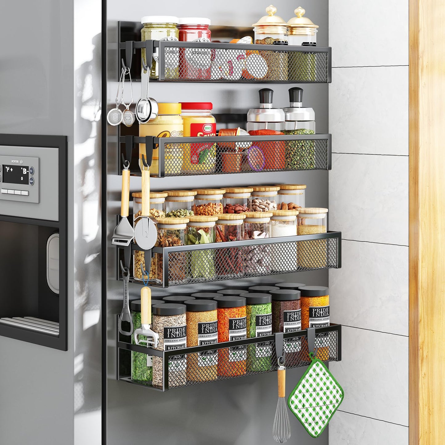 Magnetic Spice Rack for Refrigerator, AUFWORLD 4 Pack Magnetic Shelf, Fridge Magnet Organizer with Moveable 8 Hooks, Magnetic Fridge Shelf for Kitchen Organization and Storage (4 Pack)