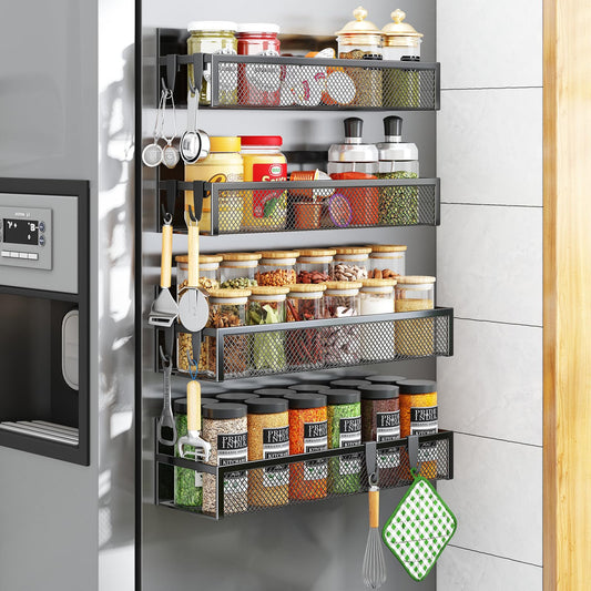 Magnetic Spice Rack for Refrigerator, AUFWORLD 4 Pack Magnetic Shelf, Fridge Magnet Organizer with Moveable 8 Hooks, Magnetic Fridge Shelf for Kitchen Organization and Storage (4 Pack)