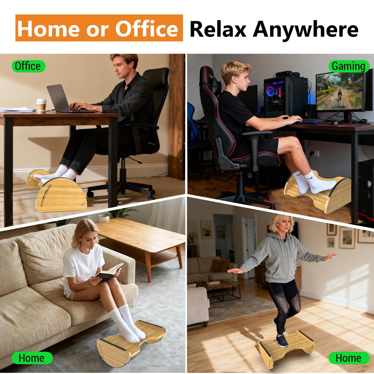 Bamboo Foot Rest Under Desk - Rocking Desk Foot Rest 2-in-1 with 6 Adjustable Heights, Ergonomic Footrest Under Desk with Anti-Slip Surface for Home, Office and Gaming