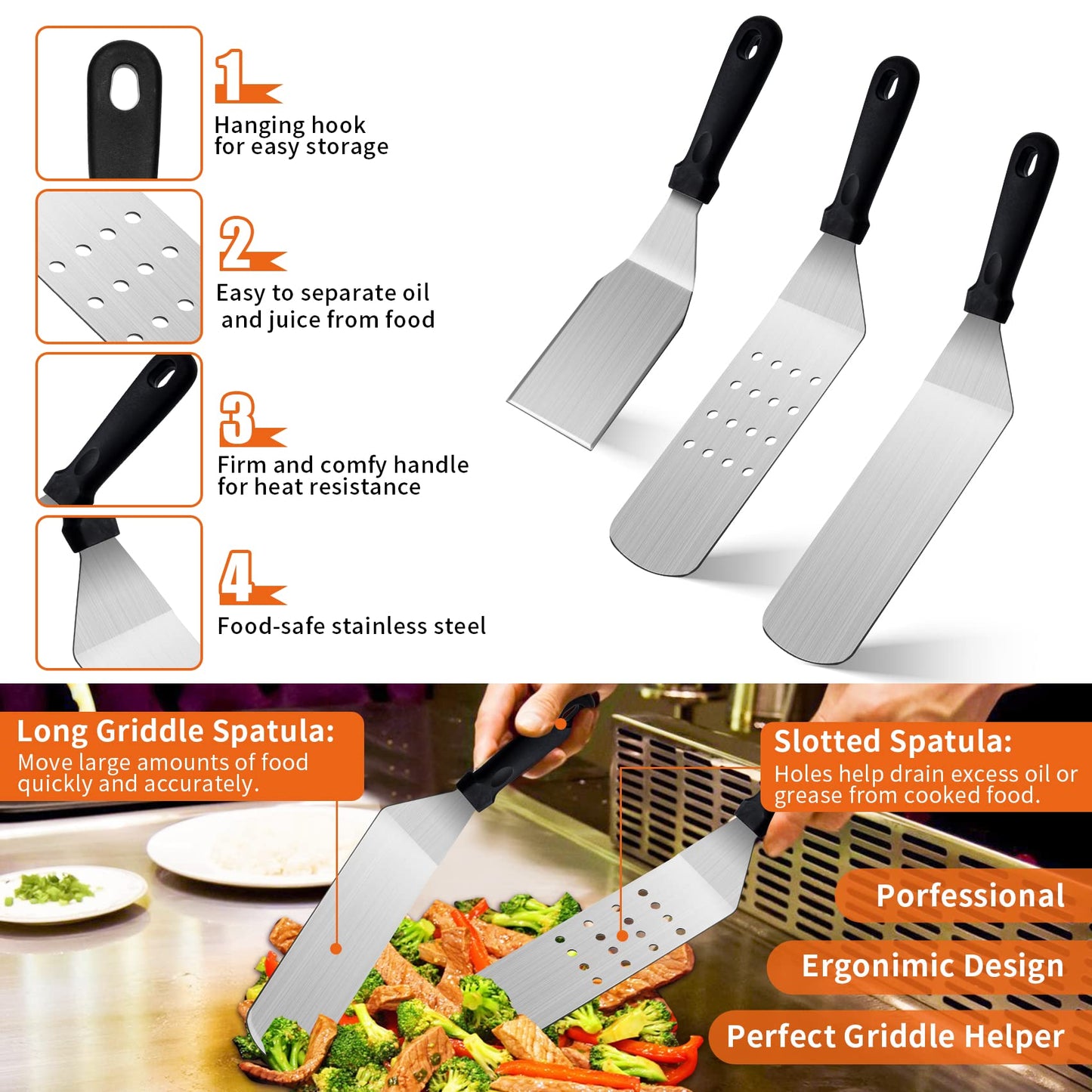 Bbcuepro 21 PCS Griddle Accessories Kit - Stainless Steel Flat Top Grill Spatula Kit for Outdoor Barbecue Teppanyaki Camping Cooking, Blackstone and Camp Chef - Professional Grill BBQ Spatula Set
