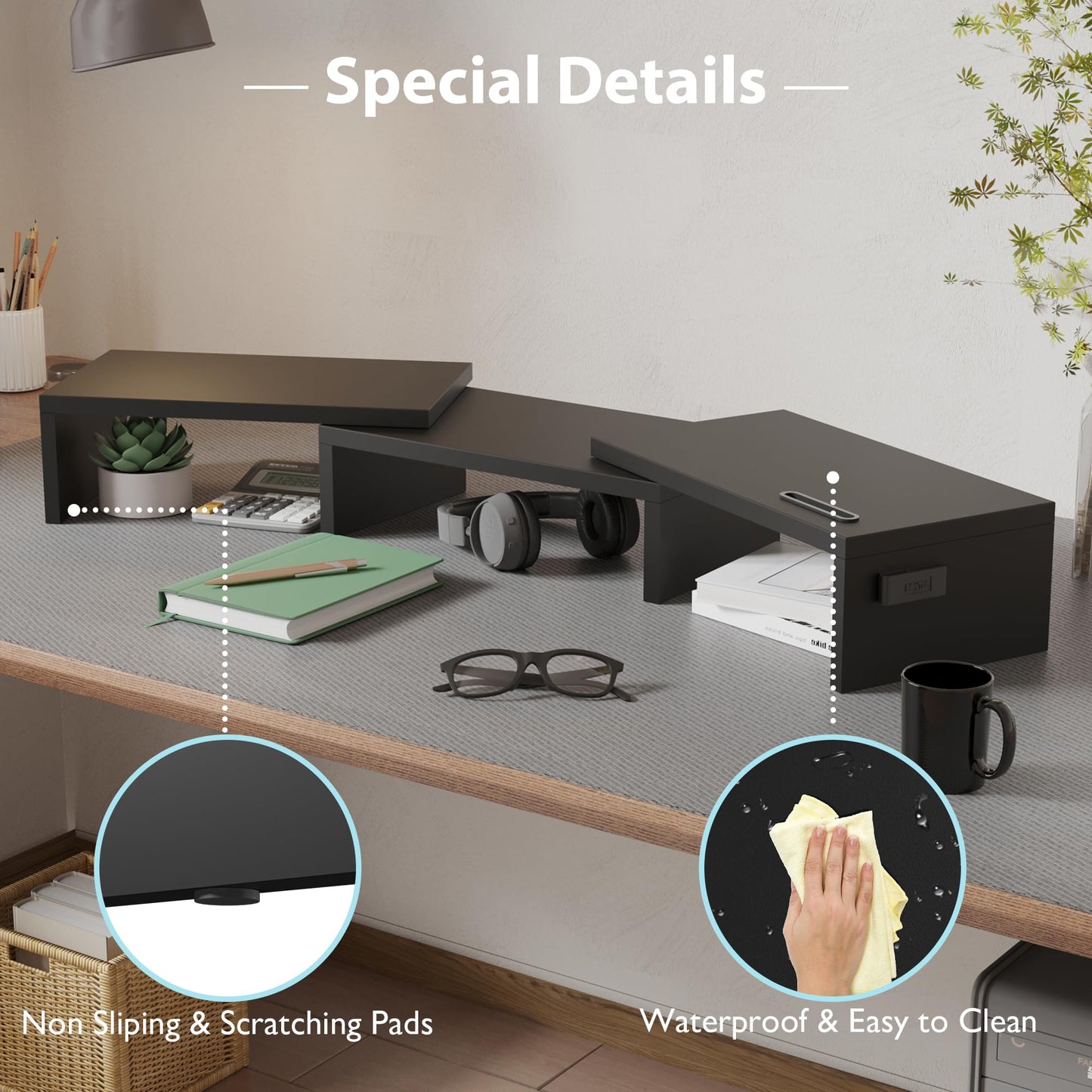 BONTEC Dual Monitor Stand for Desk, Adjustable Length and Angle Monitor Stand Riser with Smartphone Holder, Desk Shelf for Top of Desk, Computer Monitor Stand with Storage, Office Desk Organizer