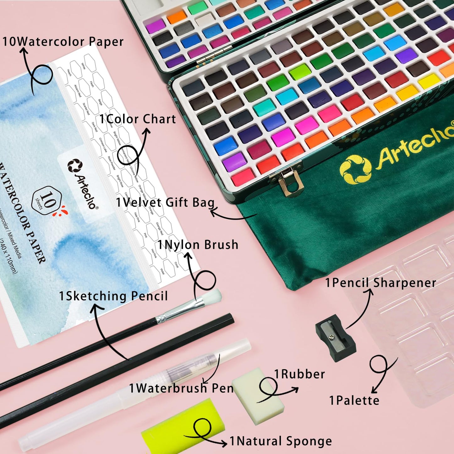 Artecho Watercolor Paint Set 128 Colours in Portable Box with Water Colour Pallet, Watercolour Papers and Brushes, Ideal for Adults, Artists and Hobbyists