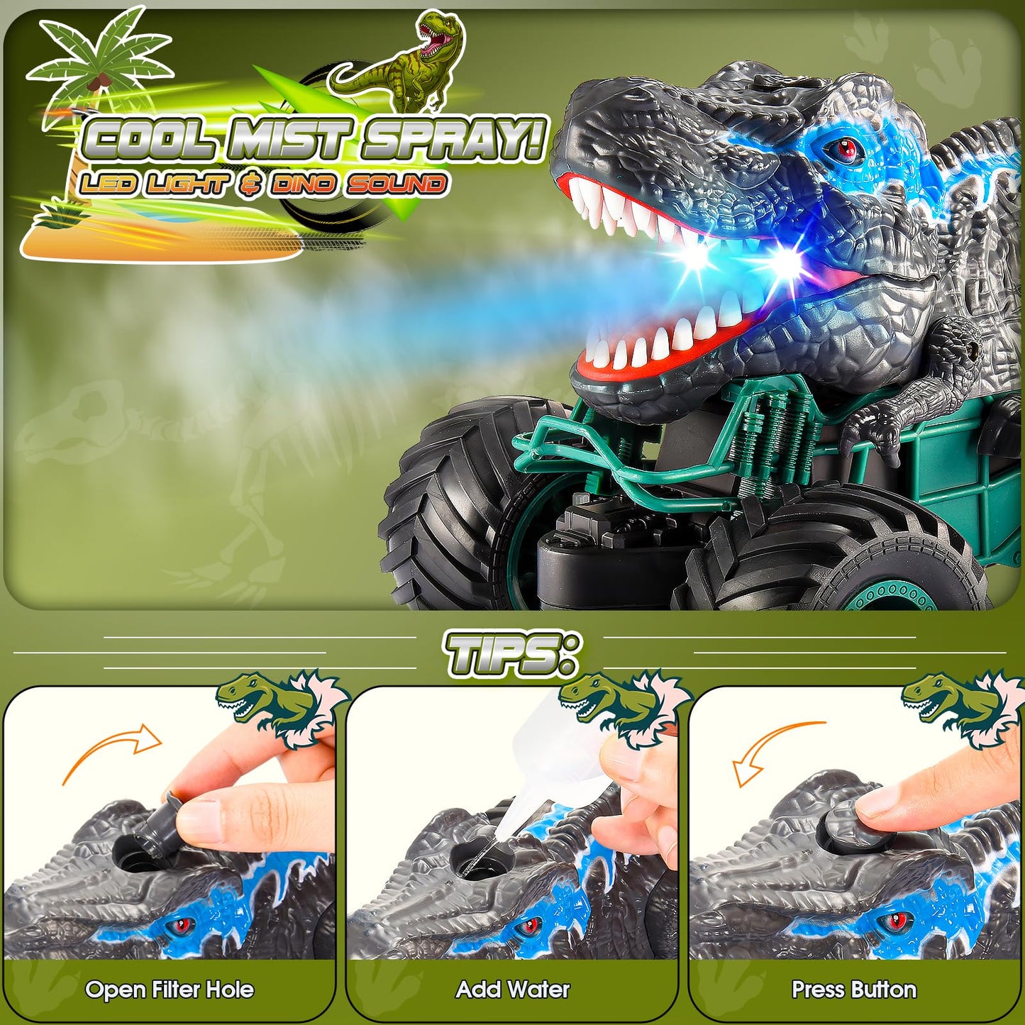 Dinosaur Toys Monster Trucks for Kids, Chardfun Remote Control Cars for Kids Age 3-10 Dinosaur Monster Toys for Boys 4-7 with Light & Sound Spray Stunt Car for Kids Easter Gifts for Kids Boys