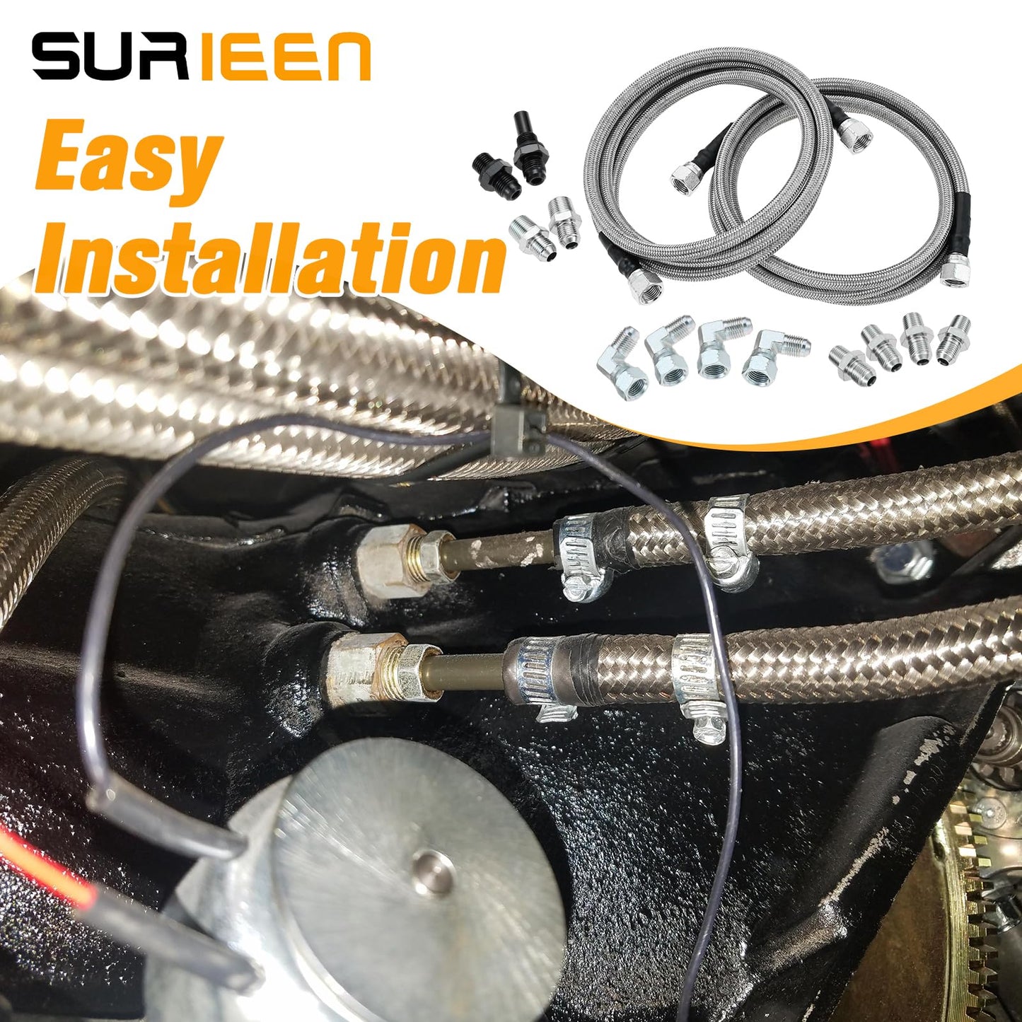 SURIEEN 6AN 70" Transmission Fluid Oil Cooler Hose Line Kit, SS Braided PTFE Transmission Lines Compatible with GM Chevy Ford Turbo 4L60E 4L65E 4L80E TR6060 AOD TH350 TH400 700R4 C5 C6, 2pcs