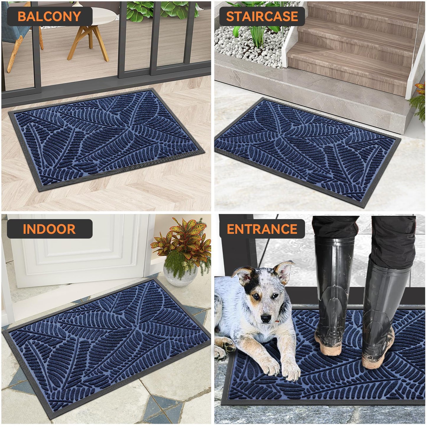 Grandaily Front Door Mat Indoor Outdoor Waterproof Doormat, Non Slip Natural Rubber Welcome Mat, Heavy Duty Durable Super Absorbent Entryway Rugs, 36"x24", Navy