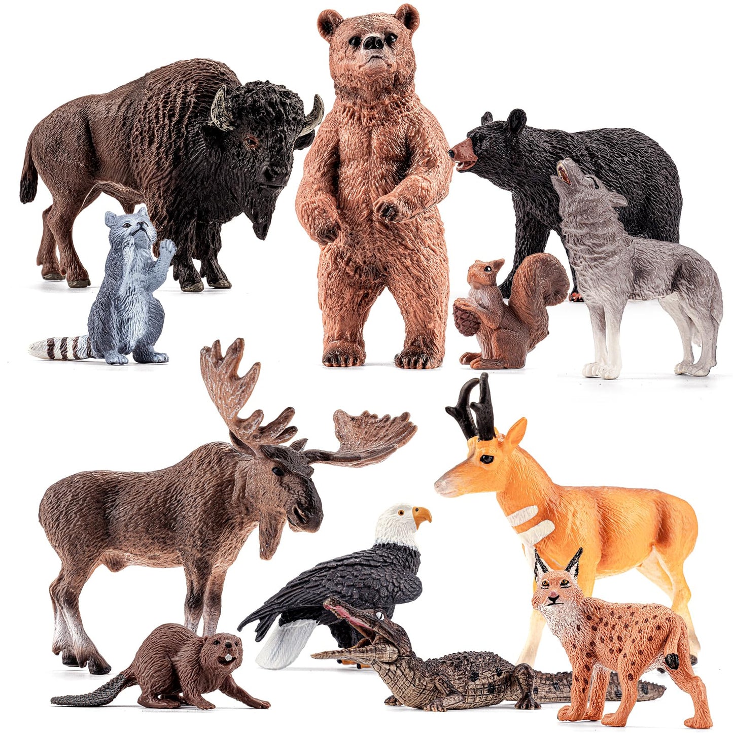12PCS Large North American Animal Figurines, Realistic Safari Woodland Jungle Animals Figures Toys Includes Crocodile,Wolf,Bear,Deer Cake Toppers Birthday Gift Party Favors Toys for Toddlers