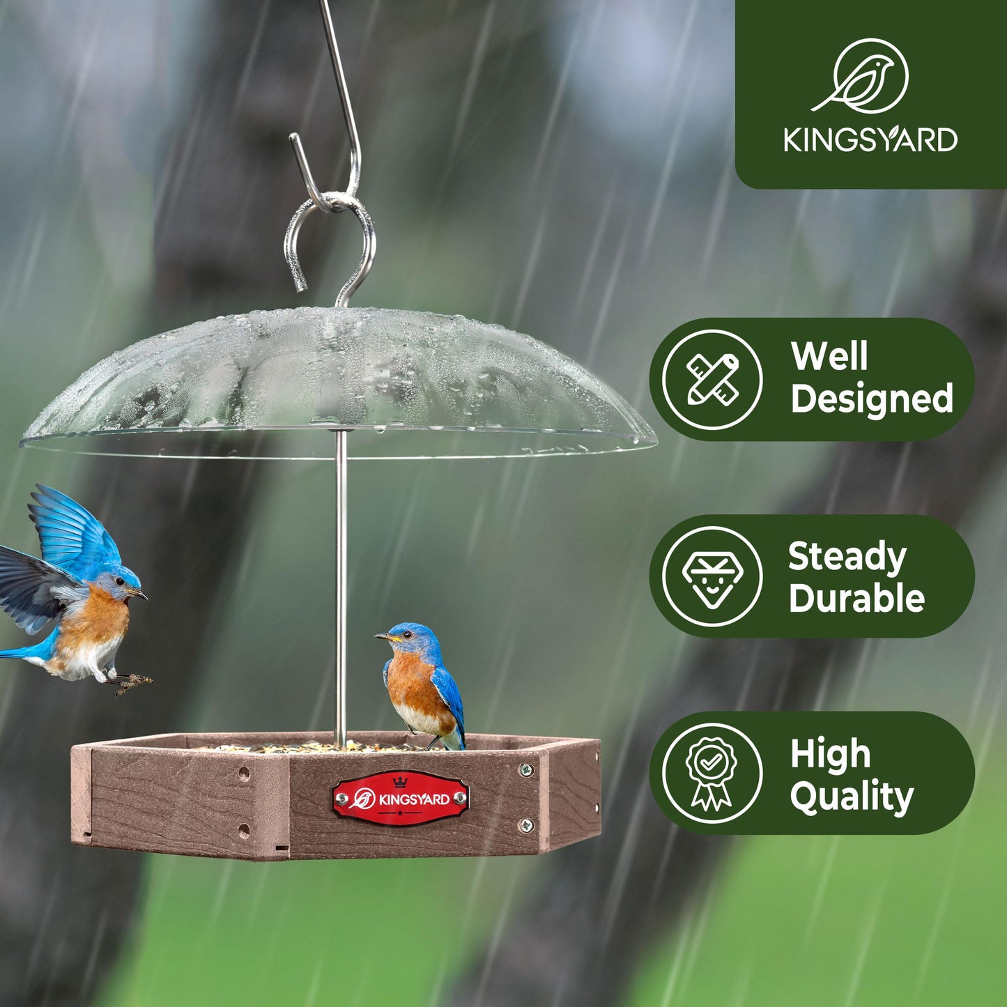 Kingsyard Platform Bird Feeder for Outdoor Hanging - Rugged Recycled Plastic Wild Bird Feeding Station with Adjustable Dome & Metal Mesh Tray. Brown