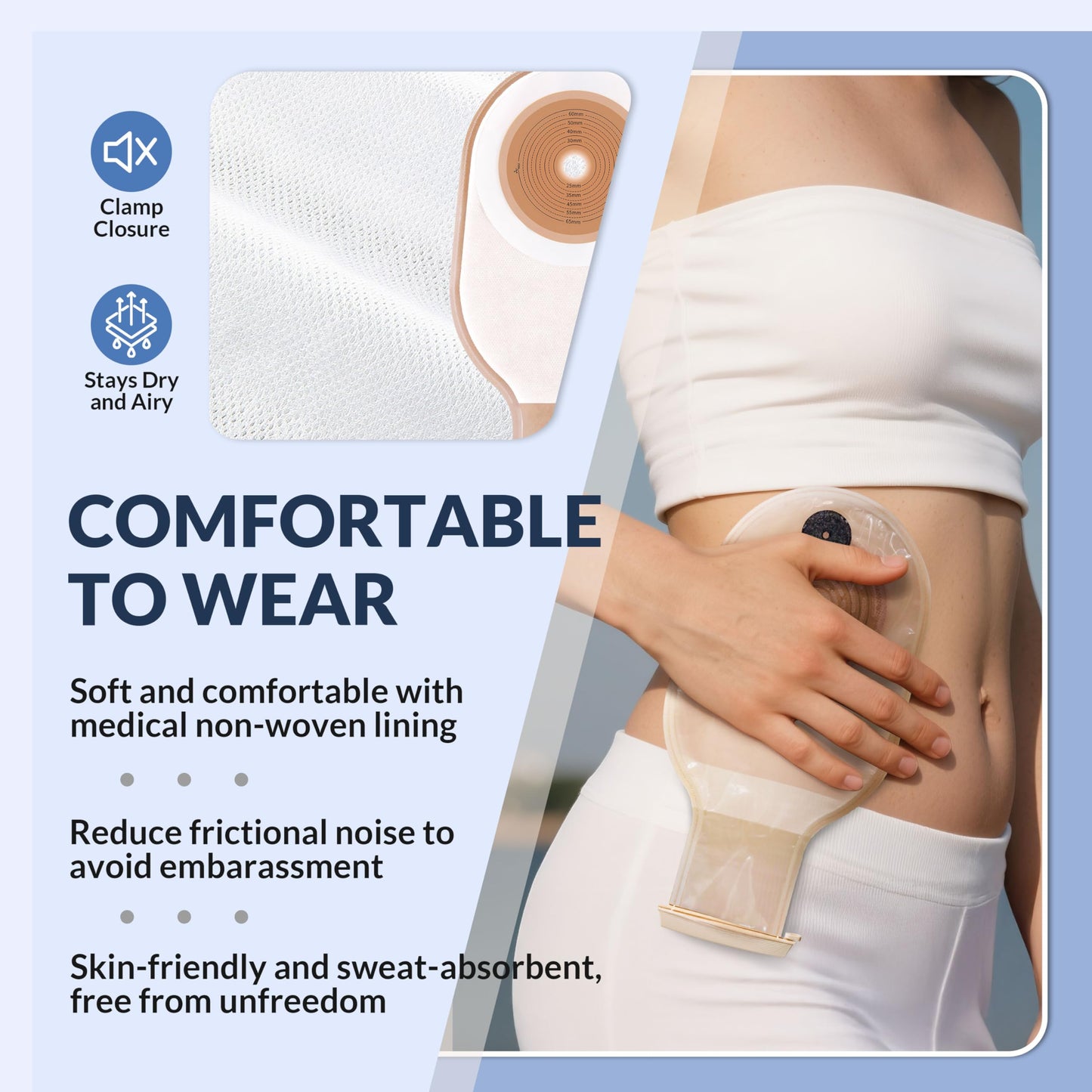 100 Pack Colostomy Bags, 15mm-65mm Ostomy Supplies,One-Piece Ostomy Bag for Lleostomy Stoma Care， Cut-to-Fit Drainable Pouches with Closure.