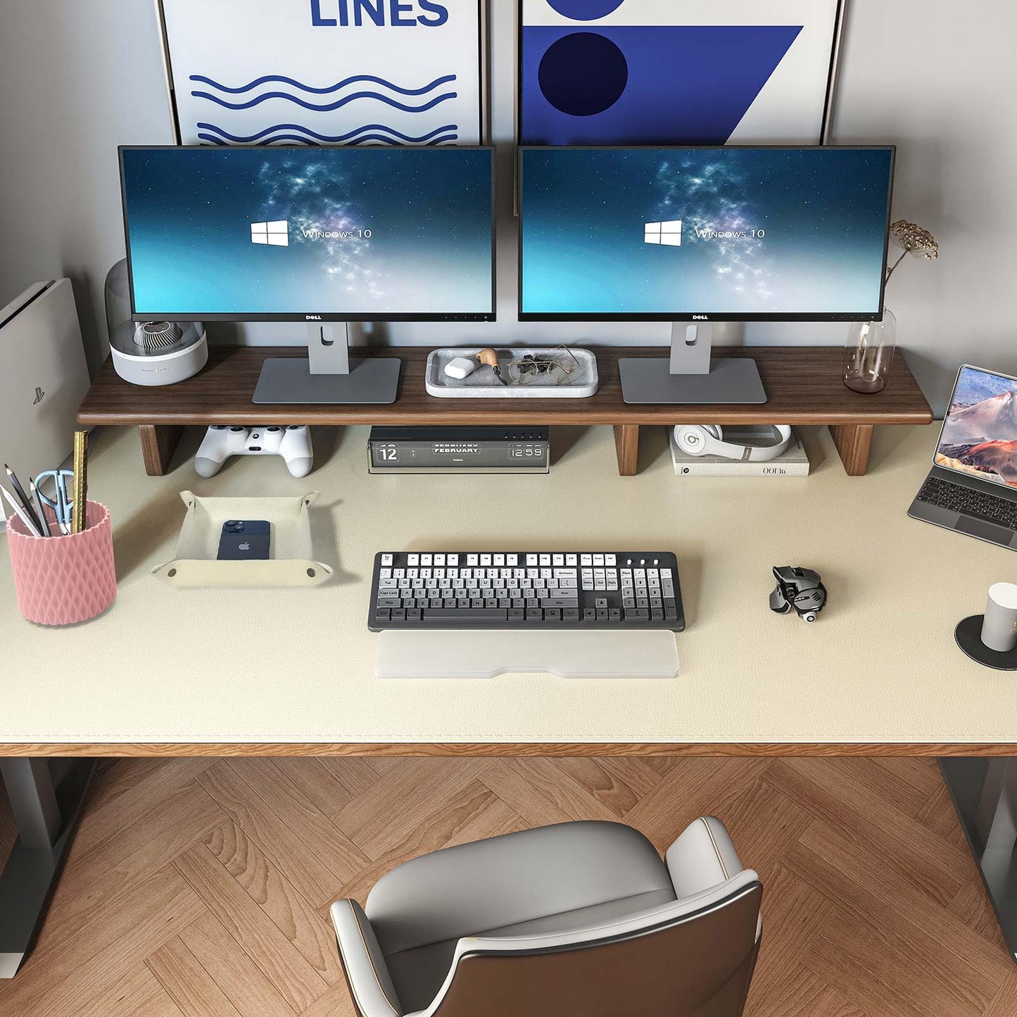 DAWNTREES Dual Sided Desk Mat,Khaki Leather Desk Pad,47.2''x23.6'',Cork Desk Mat Protector,120x60cm Extra Large Mouse Pad,Desk Writing Pad for Office and Home