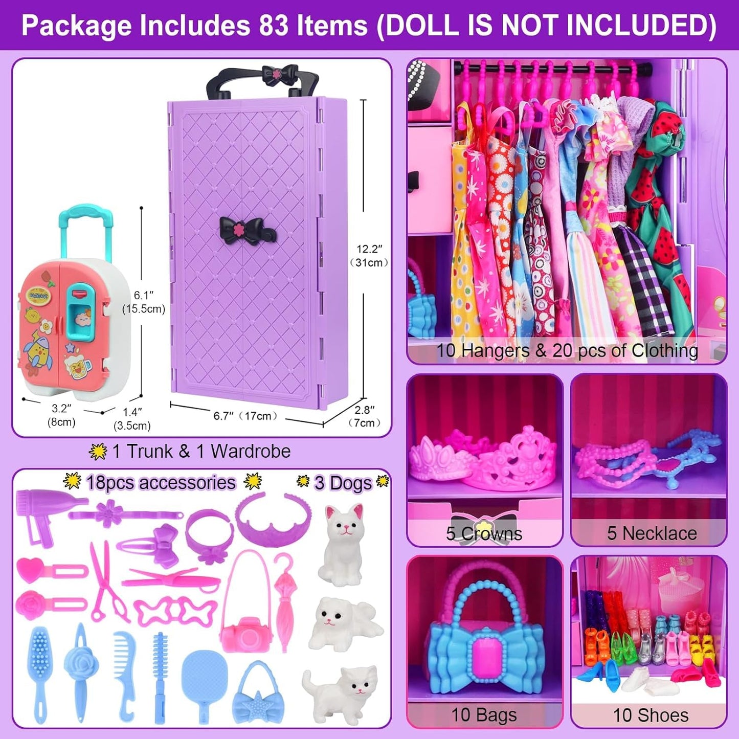 AK KYC 83 Pcs Dolls & Accessories with Doll Closet Wardrobe for 11.5 Inch Doll Dress Up Set Including Wardrobe Shoes Wallet Dress Hangers Brush Necklace Pet and Other Accessories (No Doll)