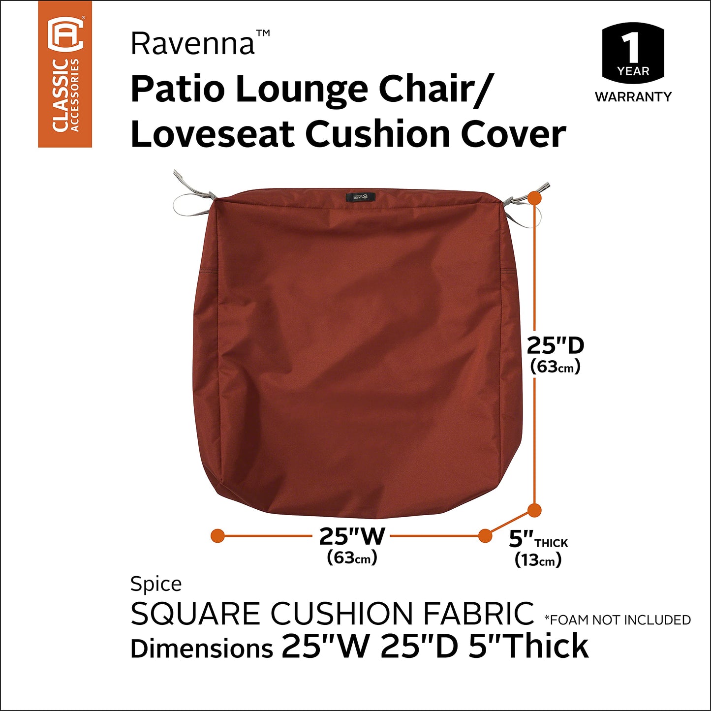 Classic Accessories Ravenna Water-Resistant Patio Seat Cushion Cover, 25 x 25 x 5 Inch, Spice