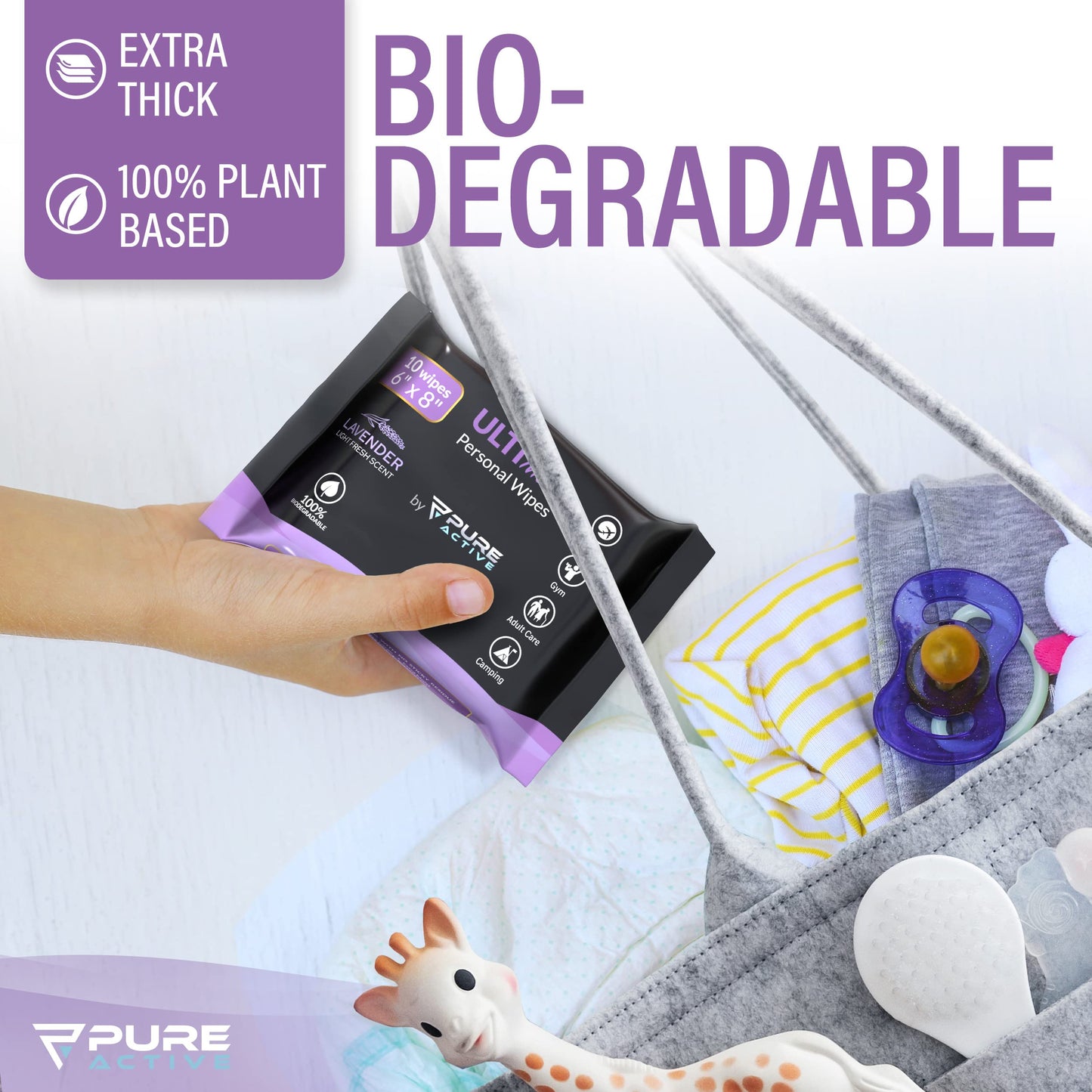 Body Shower Wipes - Hypoallergenic Alcohol-Free for Camping, Bathing, Workout - Rinse-Free for Adults, Men, Women - Large Bath Wipes (120 Count, 6''x8'', Lavender)