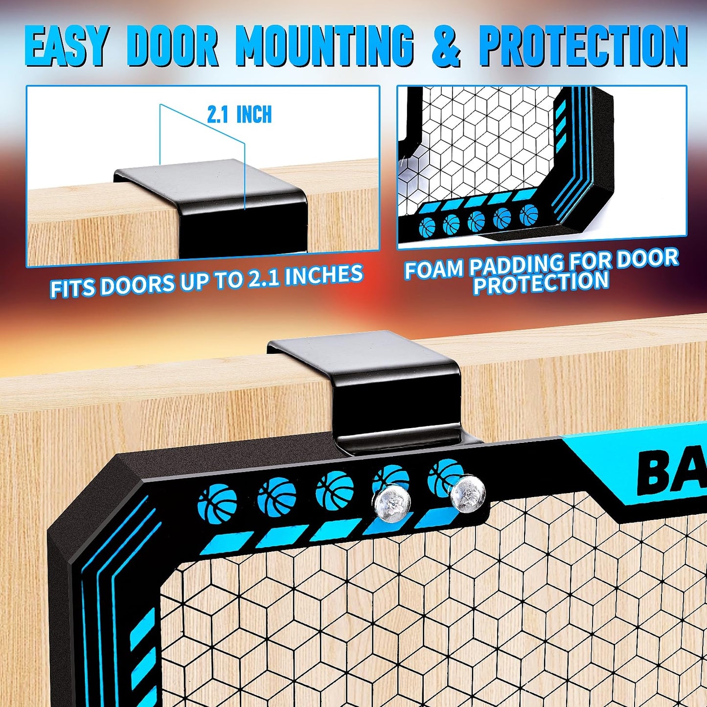 BATURU Indoor Mini Basketball Hoop with Interactive LED Lighting & Electronic Scoreboard, Over The Door Basket Ball Hoops with 3 Balls and Pump, Sports Toys Gifts for Boys 5-12 Kids, Teens