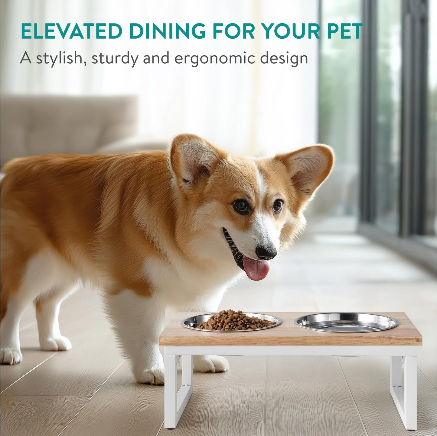 Navaris Large Pet Feeder with Foldable Legs - Raised Dog Bowls with Wooden Stand - Elevated Pet Dish for Dogs - Duo Dog Bowl Set with Stand - Medium & Large Size Dog - 27oz (800ml)