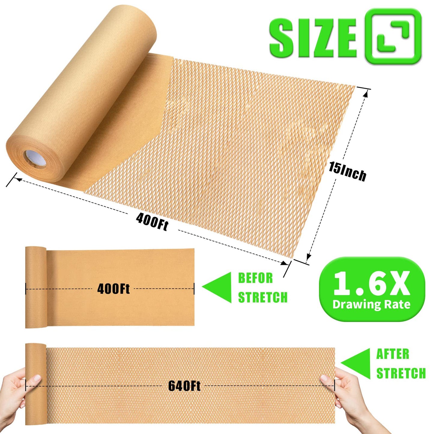 Honeycomb Packing Paper, MINHAO 15"x400' Eco Friendly Packing Paper for Moving Recyclable Honeycomb Paper Moving Supplies Bubble Wrapping Protective Roll, With 36 Fragile Sticker Labels
