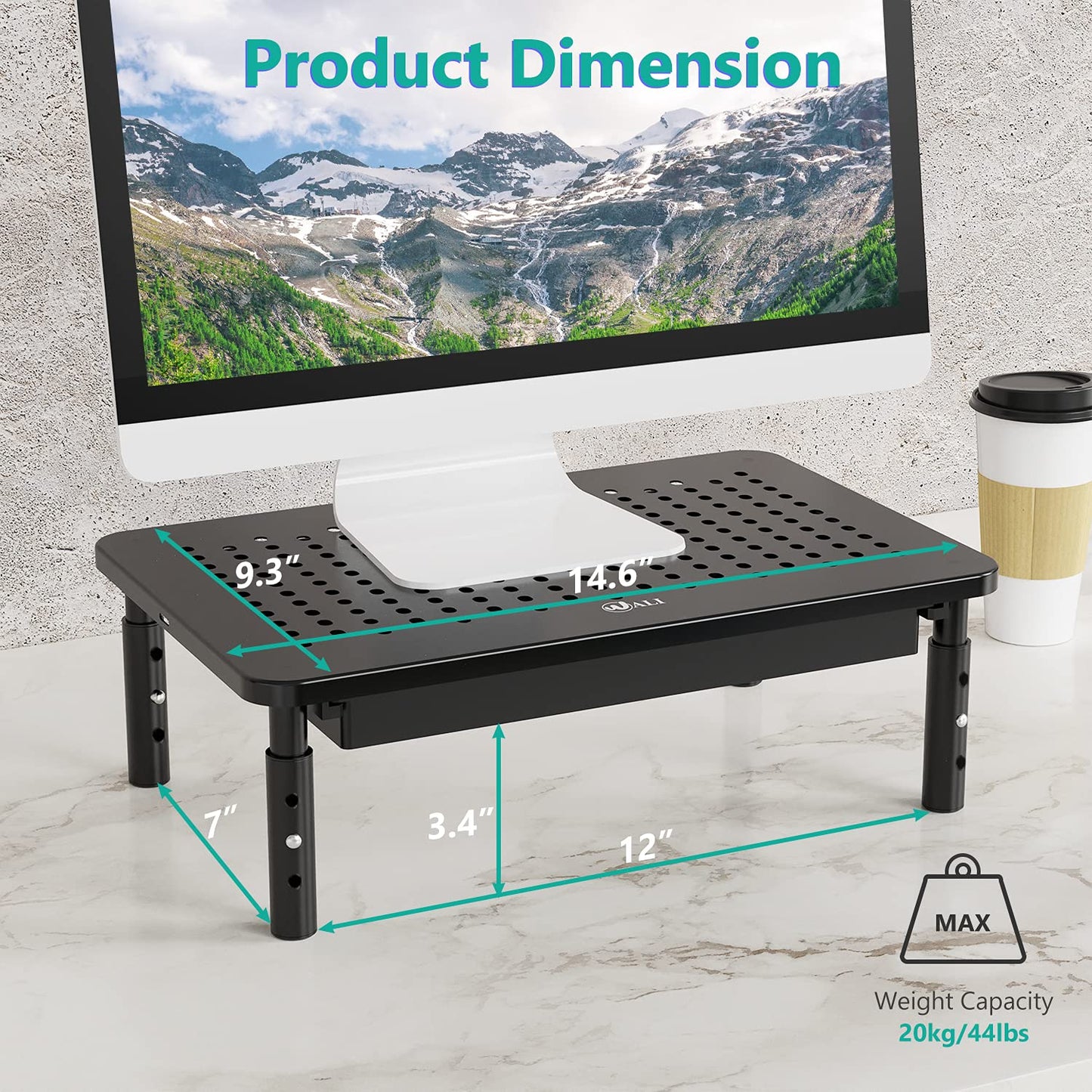 WALI Monitor Stand Riser, Adjustable Laptop Stand Riser, 3 Height Adjustable Computer Stand with Drawer, Underneath Storage for Office, Home, School Supplies (STT003D-2B), 2 Pack, Black
