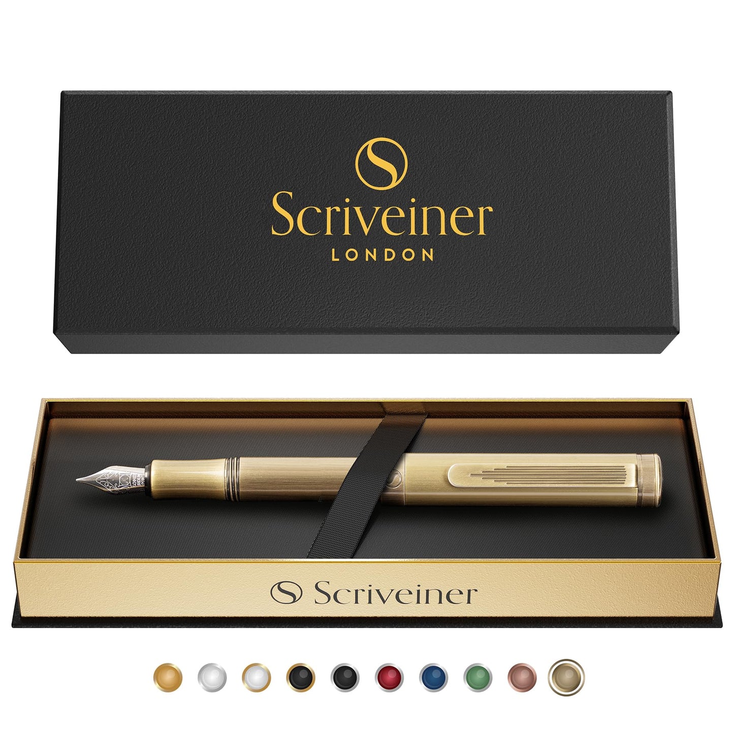 Scriveiner Luxury EDC Fountain Pen (Medium), Stunning Heavy Brass Pocket Pen, Hand Brushed Finish, Schmidt German Nib Converter, Best Writing Pen Gift Set for Men Women, Nice Fancy Designer Pen