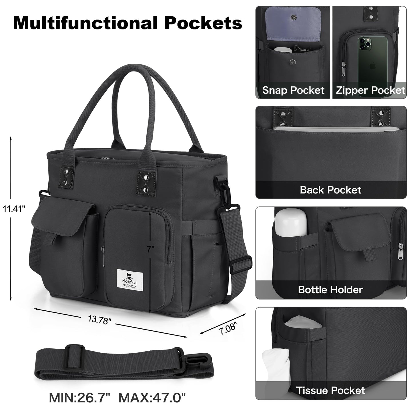 Hafmall Large Insulated Lunch Bag for Women Men, Leakproof Wide Opening Lunch Box for Adults, Reusable Lunch Tote Bag with Shoulder Strap, Womens Lunch Bag for Work, Picnic, Black