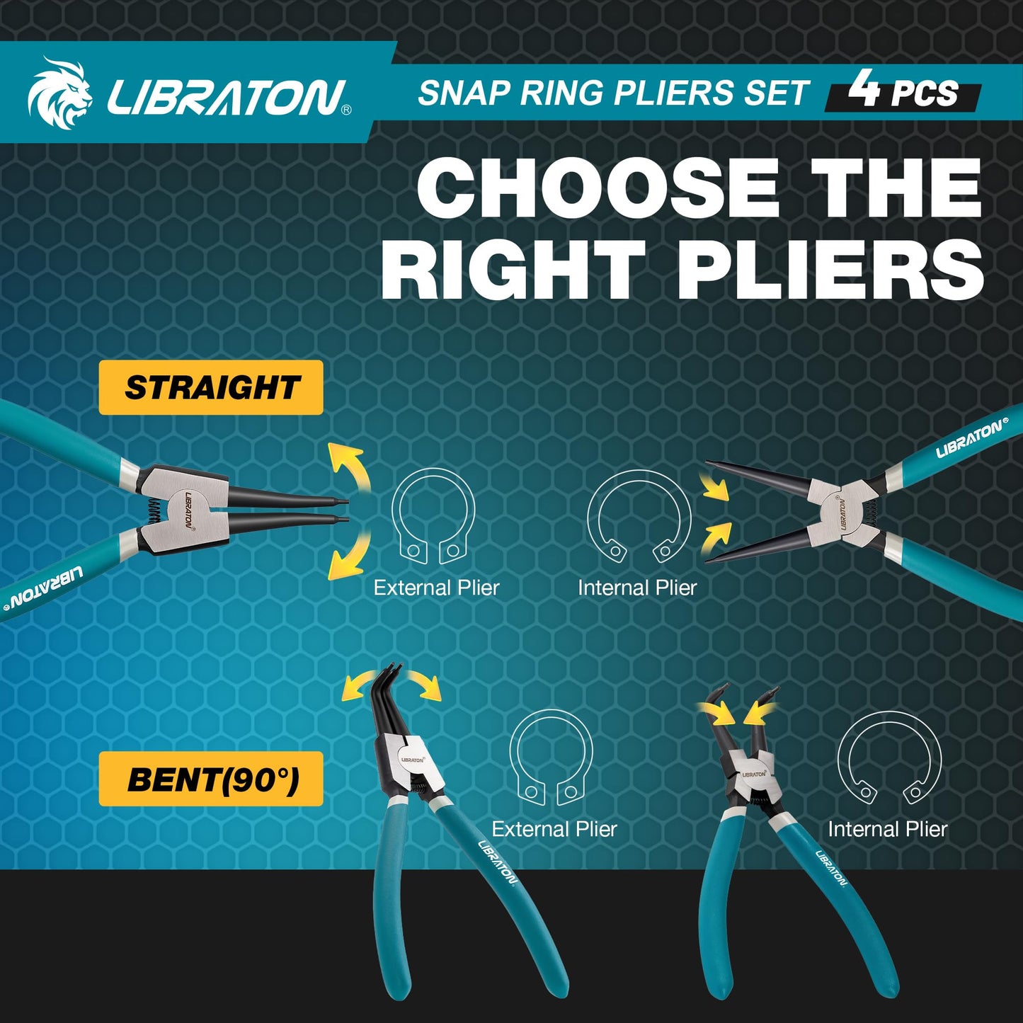 LIBRATON Snap Ring Pliers Set, 7-Inch Heavy Duty Internal/External Circlip Pliers Kit with Straight & Bent Jaw Tips, Spring-Loaded for Retaining Rings, Hoses, Gaskets, with Storage Case