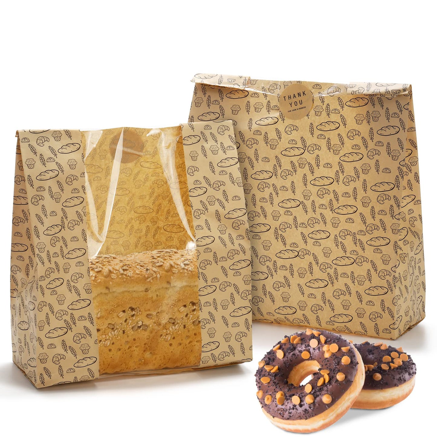 Hacaroa 100 Pack Paper Bread Bags with Clear Window, 10.8"x10"x4" Kraft Bakery Bags with 100 Stickers, Brown Toast Packaging Bags for Homemade Bread, Cookie