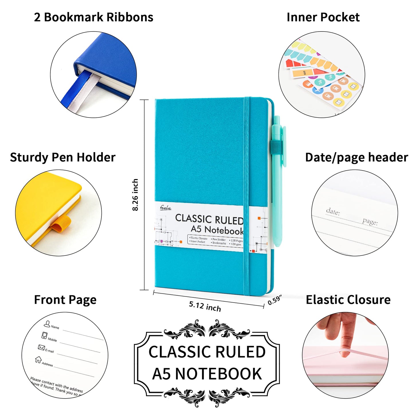 feela Notebooks Journals Bulk, Hardcover Notebook Classic Ruled Journal Set with Pen Holder for School Business Work Travel Writing, with 12 Black Pens, 120 GSM, 5.1”x8.3”, 12 Pack, A5, Solid Colors