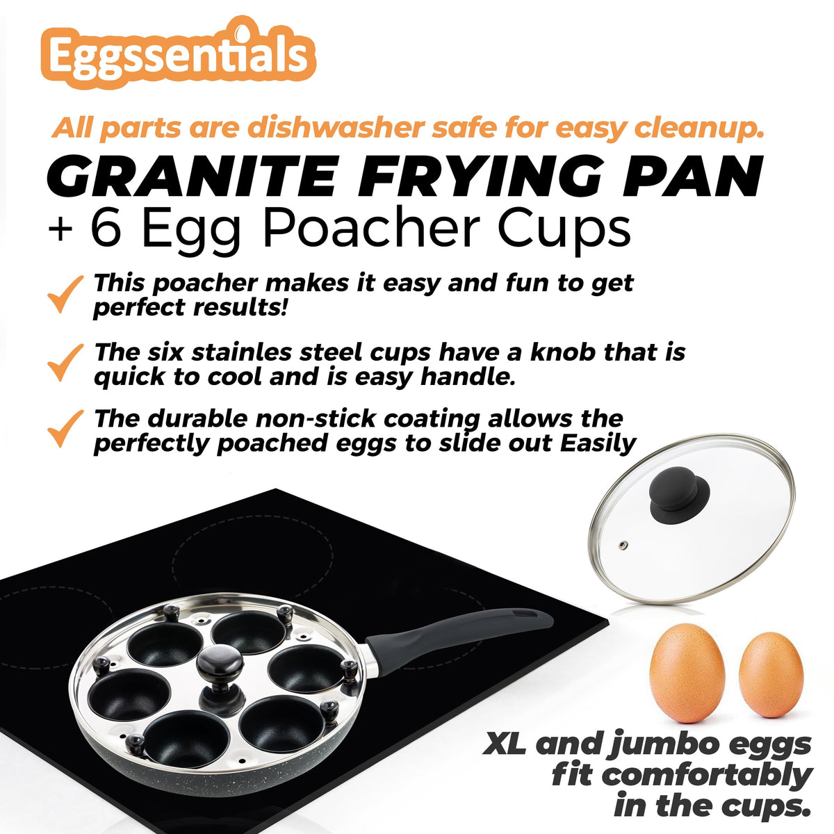 Egg Poacher Pan & Poached Egg Maker, Granite Egg Poacher with 6 Cups - Egg Pan - 10 Inch Frying Pan Nonstick Omelette Pan