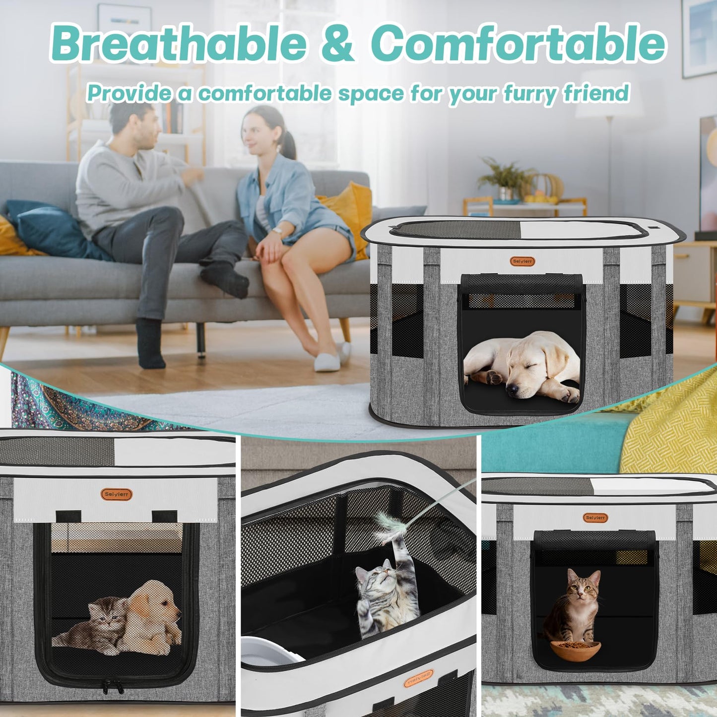 Seiyierr Pet Playpen, Foldable Kitten cage Puppy Play Pen, Dog Playpens, Puppys Pens for Indoors, Travel Crate with Carrying Case, Tent Outdoor Camping Use