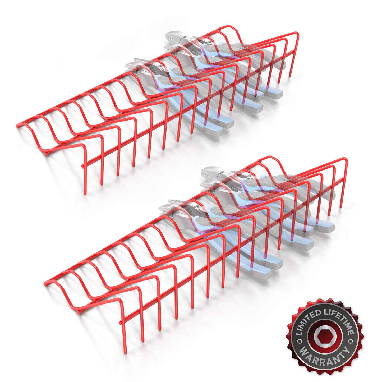 Olsa Tools Plier Organizer Rack - Red - 2pc Set Holds 32 Pliers - Tool Box Drawer Storage - Professional-Grade Plier Holder - Part: 1142