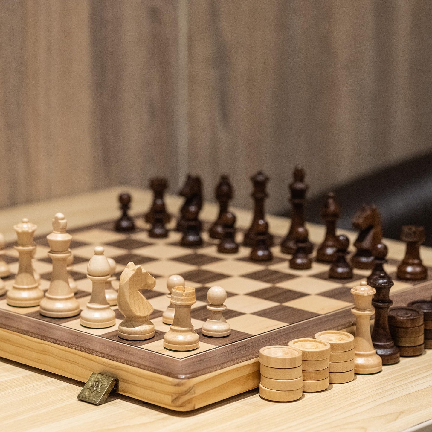 A&A 15 inch Wooden Folding Chess & Checkers Set w/ 3 inch King Height Staunton Chess Pieces / 2 Extra Queens