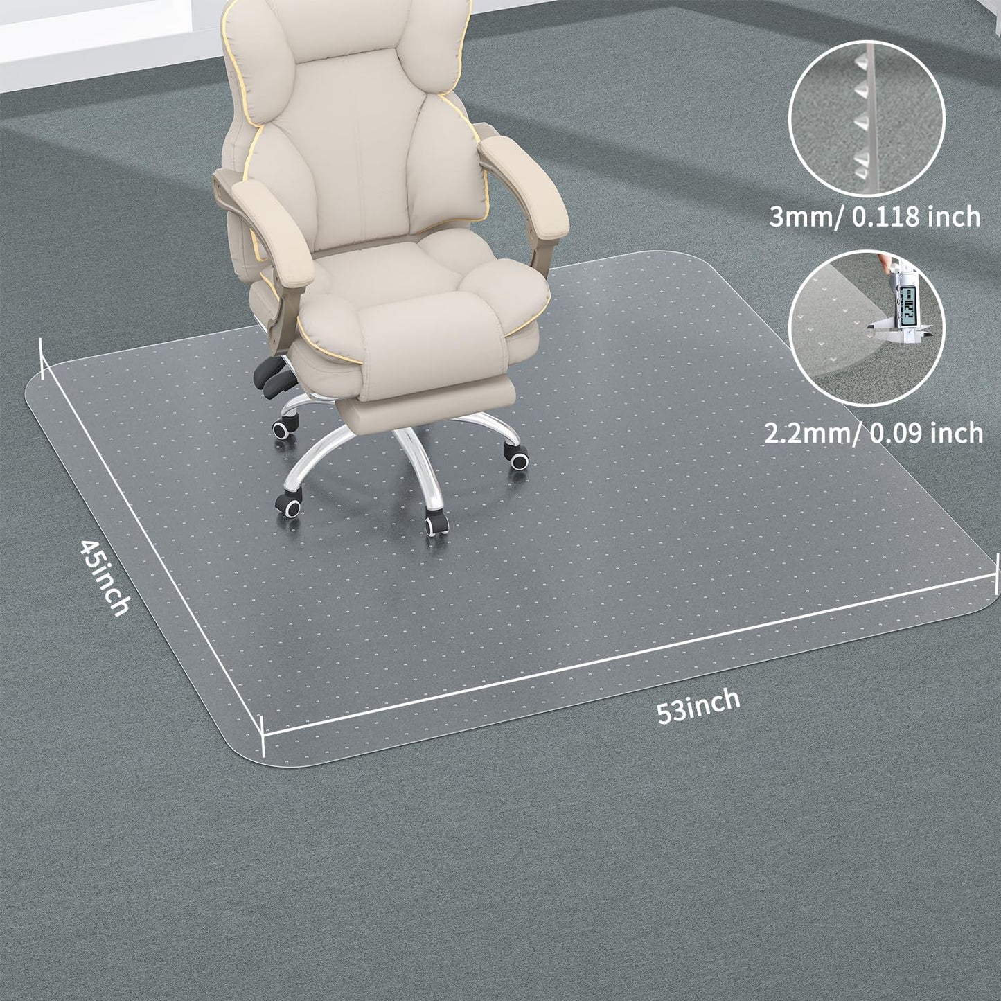 MESHDO Carpet Chair Mat 53X 45 Inch - 2.2MM Thicker Office Chair Mat for Carpet Floors, Clear and Thick Rolling Computer Chair Mat with Non-Slip Studded for Home and Office Low Pile Carpets