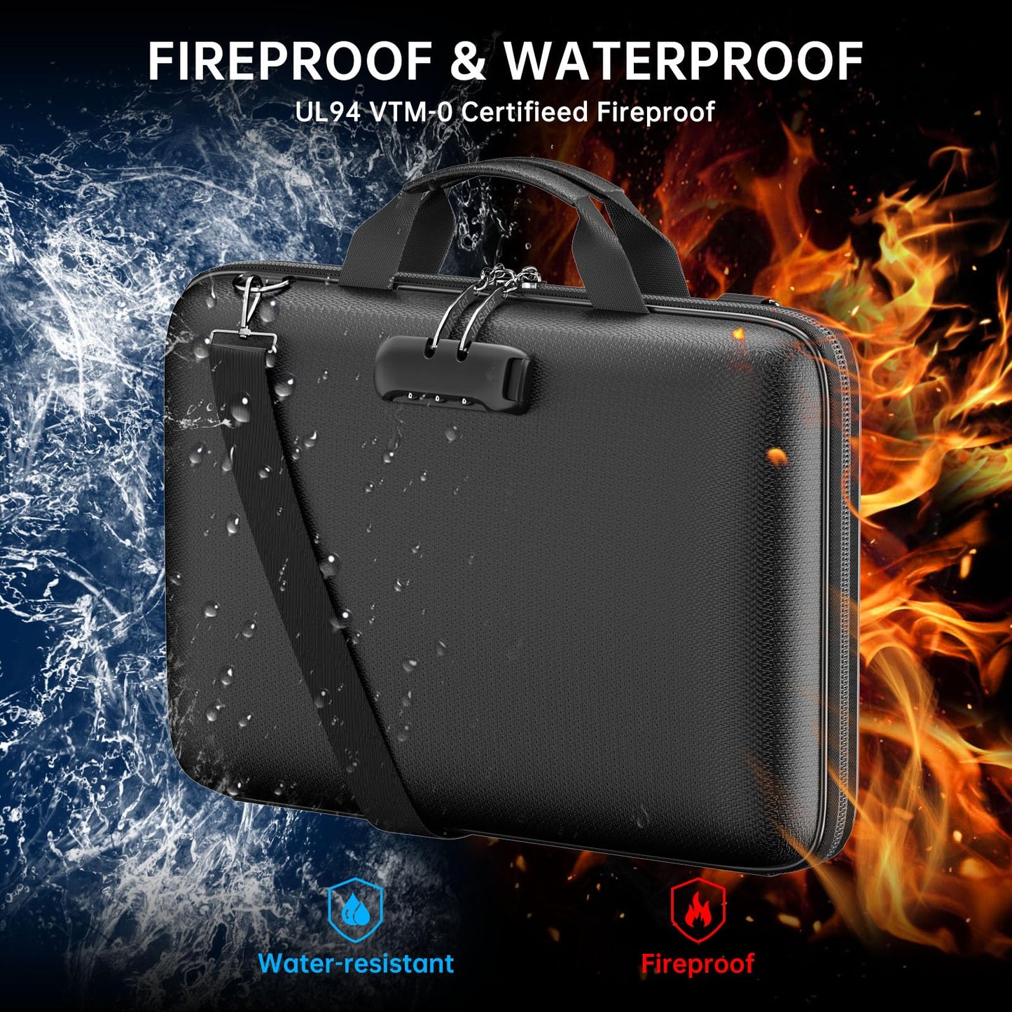 JHSafer Fireproof Document Organizer with Lock,Hard-Shell Case Fireproof Document Box with Shoulder Strap,Portable File Organizer with 13 Pocket Accordion File Folder for Files Laptop Black