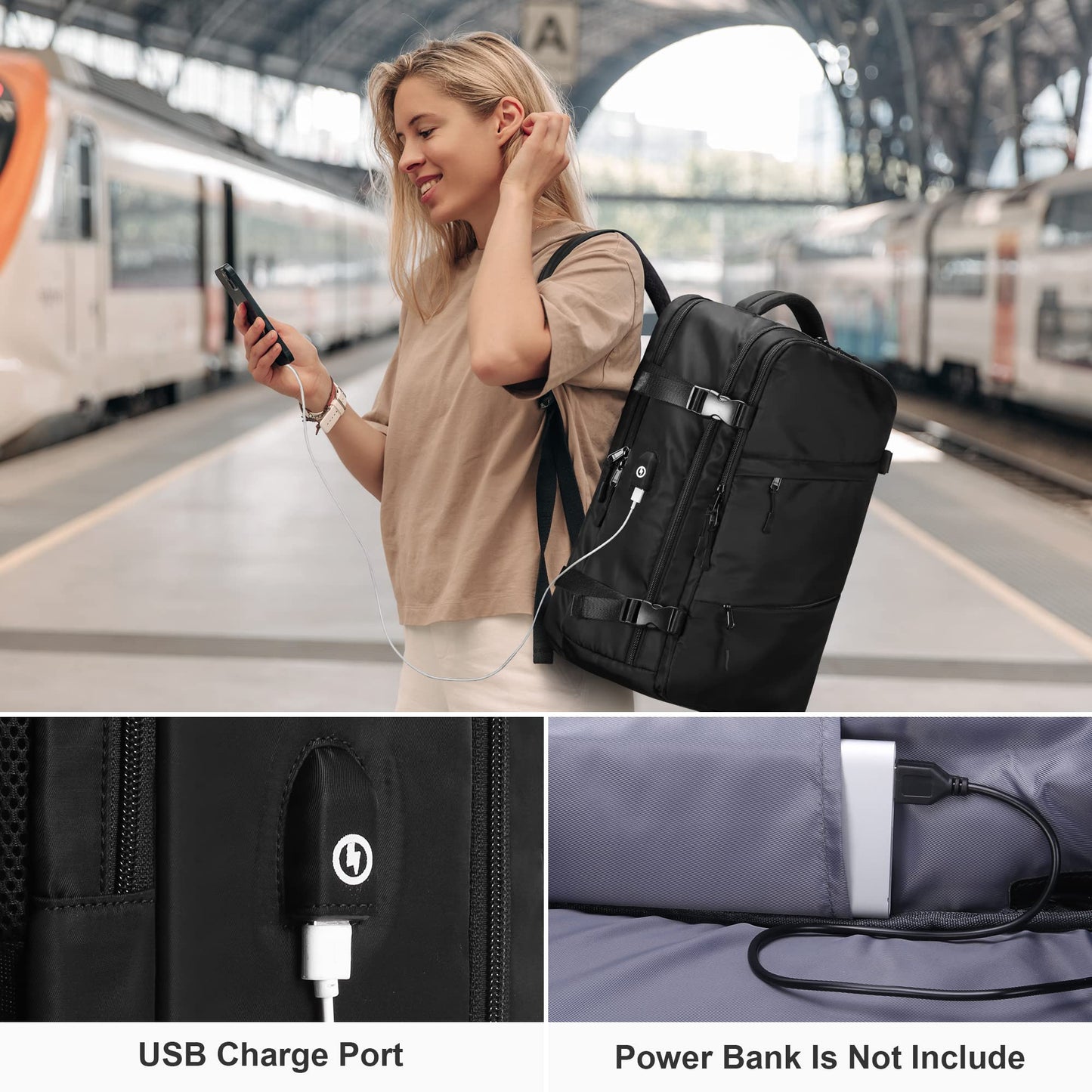 HOMIEE Travel Laptop Backpack, Flight Approved Carry-On Backpack 15,6" Laptop Backpack, Anti-theft Travel Backpack with USB Charging Port, Unisex Luggage Backpack, Black