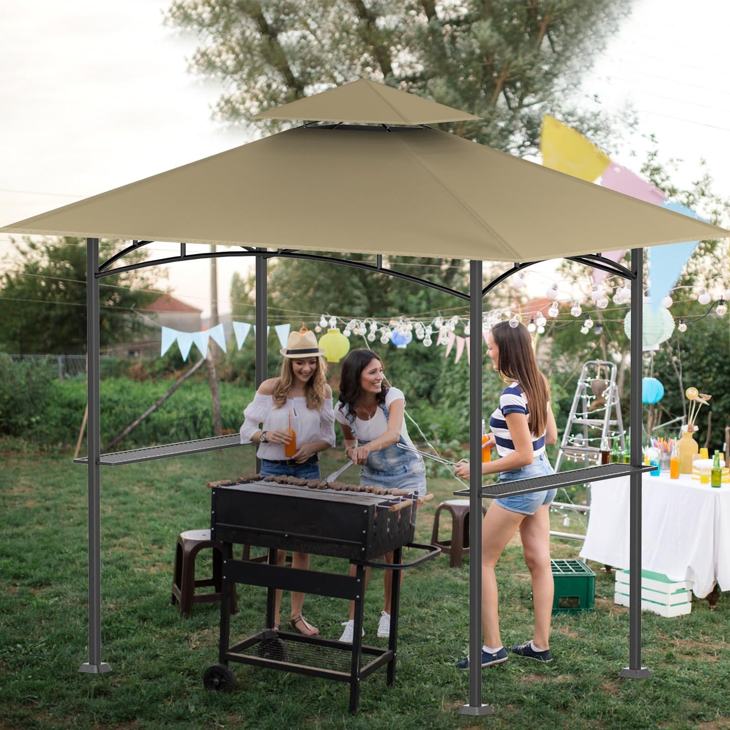 OIPUNSHLE Grill Gazebo Replacement Canopy Top, 5'x8' Top Double Tiered Replacement Canopy Roof, Grill Shelter Cover Roof Fit for Gazebo Model L-GG001PST-F (Khaki)