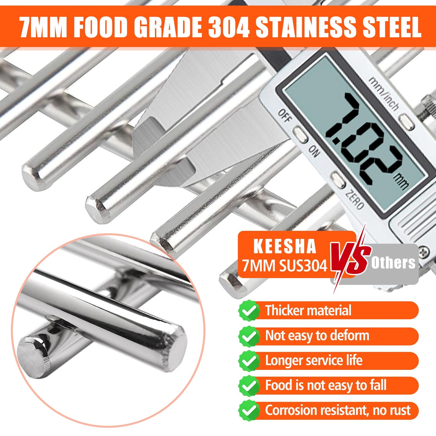 7638 Grill Grates for Weber Spirit 300 and GS4 Spirit II 300 Series E/S-310/320/330 Parts, Replacement for Weber 7638 7639, 7.02mm Premium Solid Food Grade 304 Stainless Steel Cooking Grates