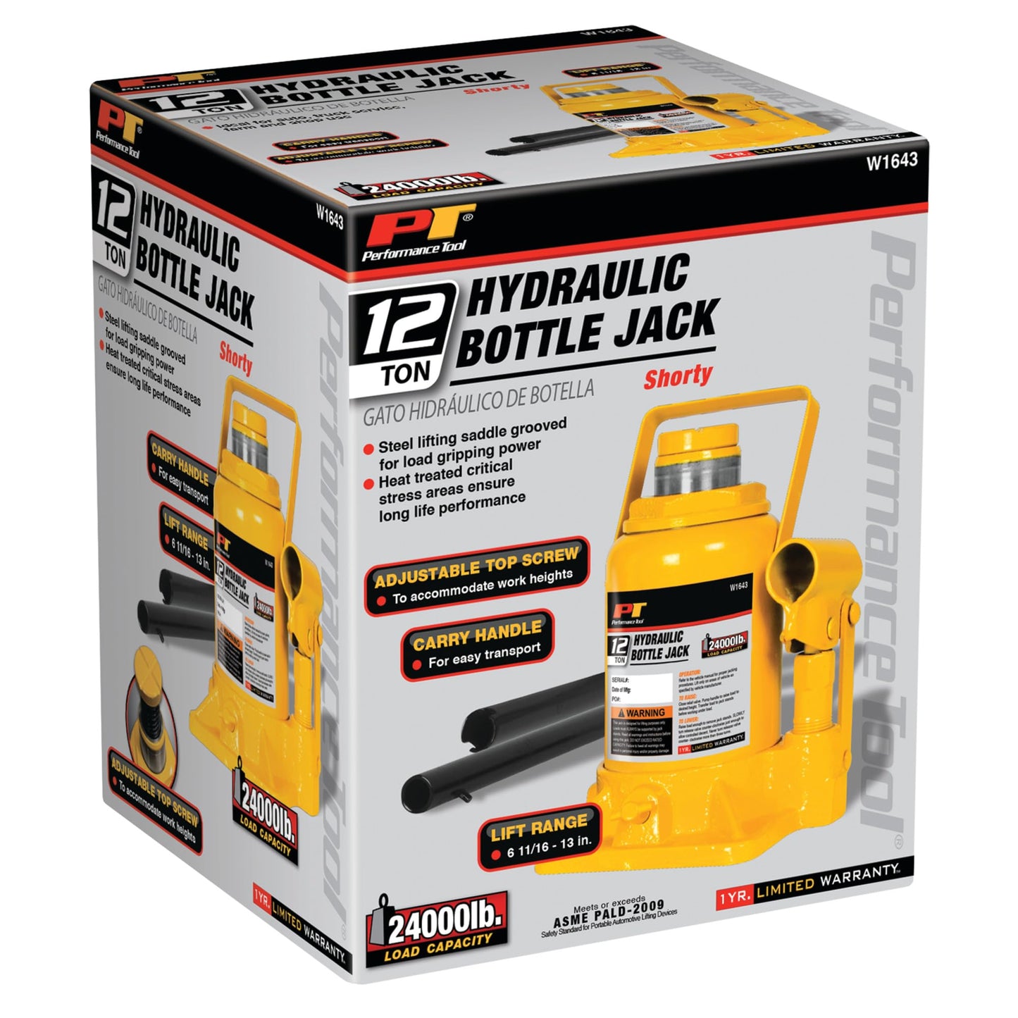 Performance Tool W1643 12 Ton (24,000 lbs.) Heavy Duty Shorty Bottle Jack