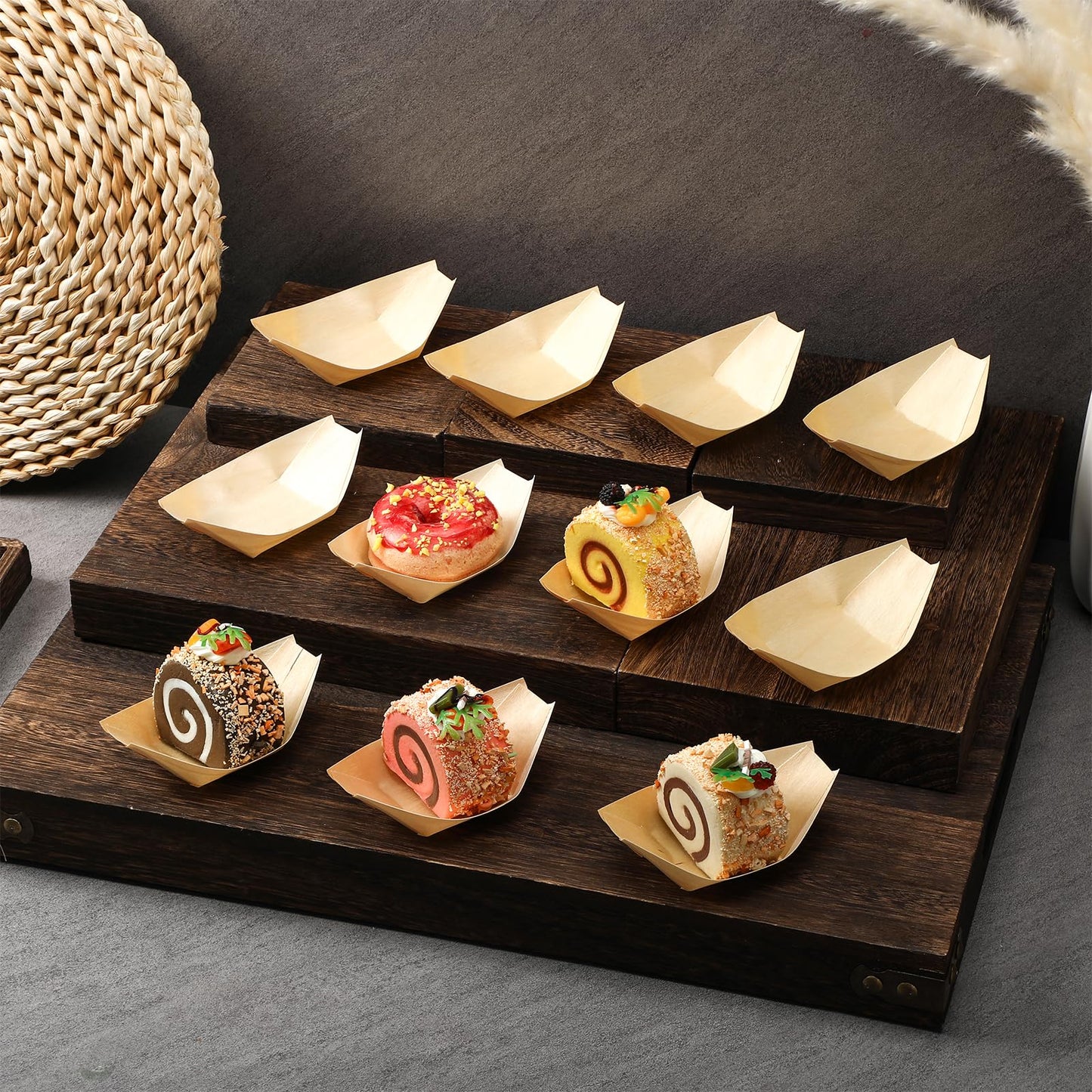 Newtay 500 Pcs Bamboo Boat Plates for Appetizer 5.5" Disposable Wooden Charcuterie Boat Leaf Small Sushi Serving Tray Food Dishes Container Bowl for Catering Home Hawaiian Wedding Party Supplies