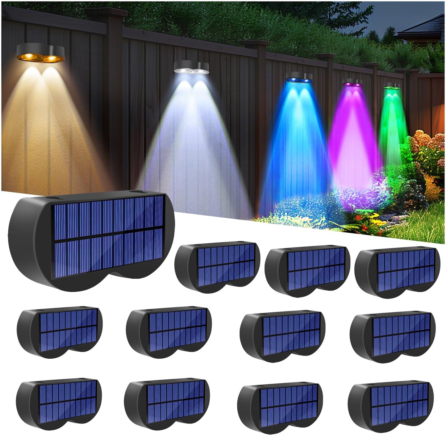 Jsvacva 12 Pack Solar Lights Outdoor, Cold White/Warm White/RGB Lock Mode, 8 Color Glow Solar Fence Lights with Spot Lensed, Waterproof IP65 LED Solar Lights for Garden, Deck, Wall, Porch, Stairs