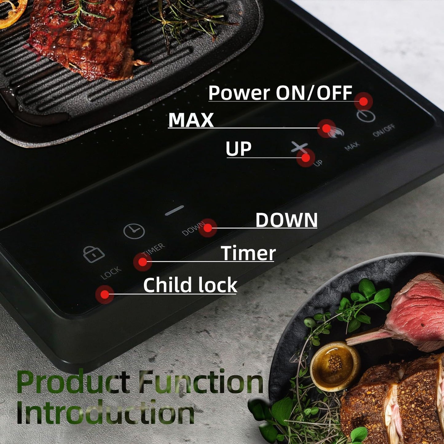 WAATFEET 1700W Portable Electric Induction Cooktop and Burner,Countertop Hot Plate with 10-Level Adjustment,3-Hour Timer,Smart Touch Cooktop,and Safety Lock Feature,Black