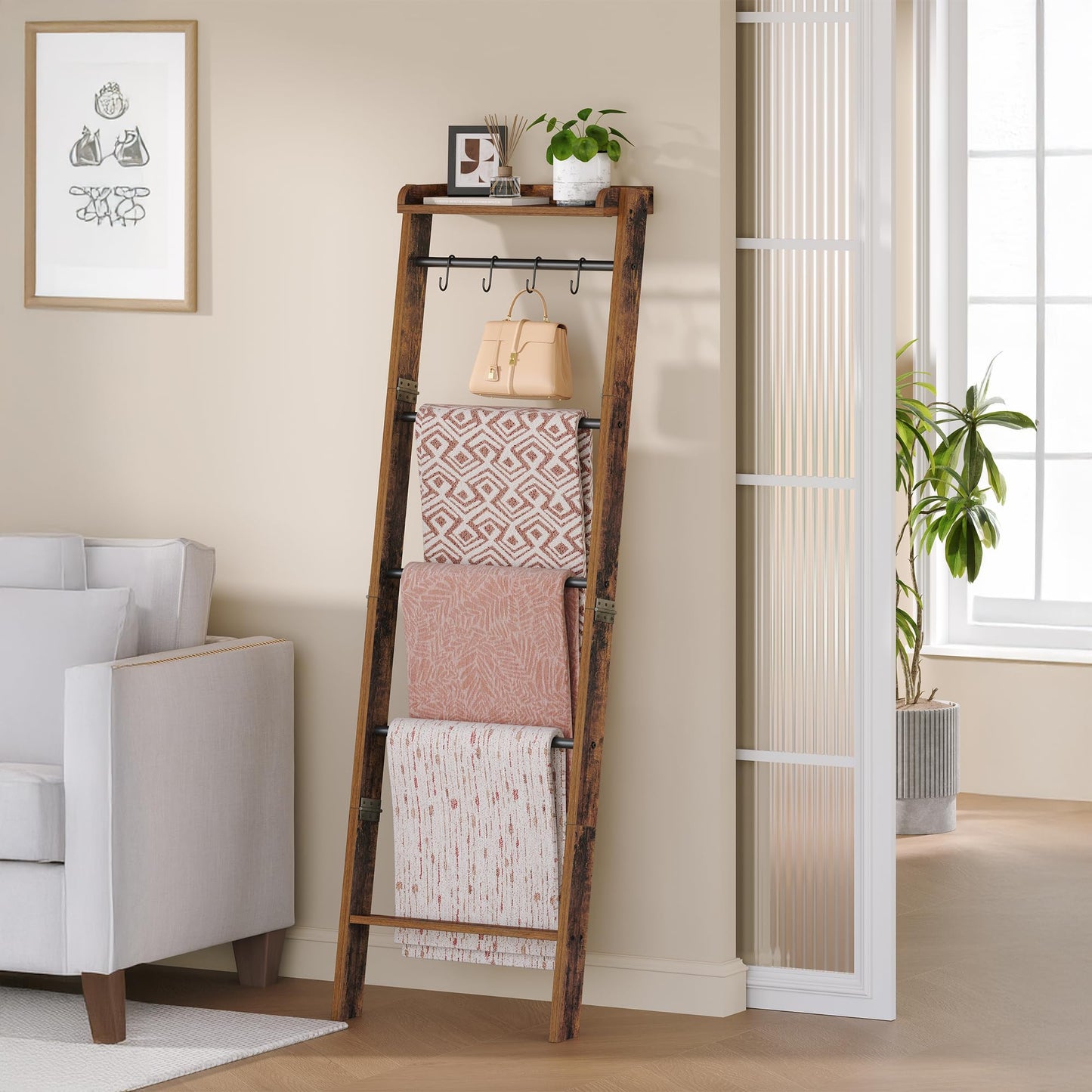 Hzuaneri Blanket Ladder Shelf for Living Room, Decorative Quilt Rack with Storage Shelf, 6-Tier Farmhouse Towel Rack, Ladder Holder Organizer with 4 Removable Hooks for Bedroom, Rustic Brown BR35801B