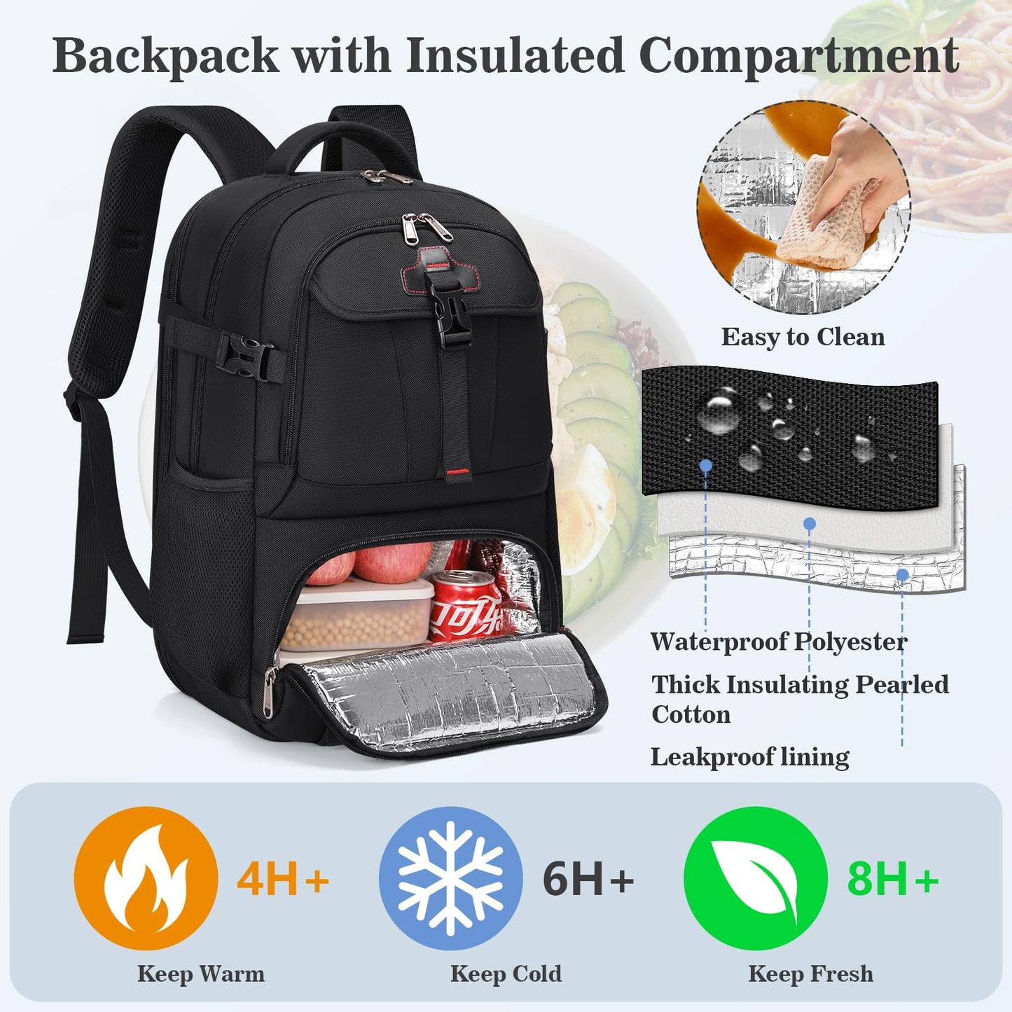 RAINSMORE Lunch Backpack 17.3 Inch Laptop Backpack for Men Women Waterproof Work Backpack with USB Charging Port for School Travel Business Black