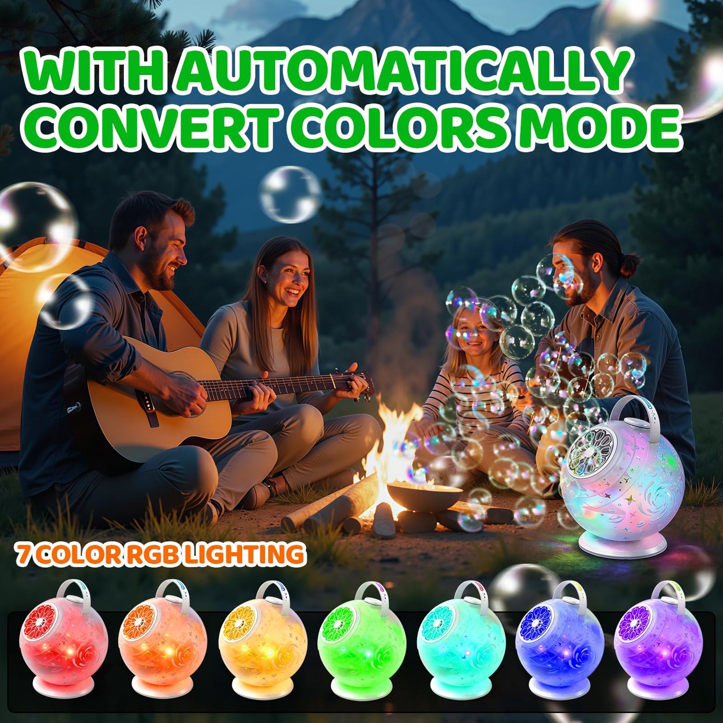 Bubble Machine, Rechargeable Bubble Blower with Remote Control, 10-Hole Bubble Maker for Kids, 7-Color Lights, 90°/360° Rotation, USB-C Charging, Outdoor Toys Gift for Boys Girls Parties, Birthday