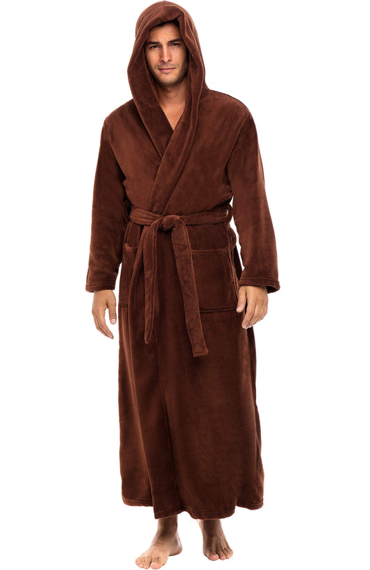 Alexander Del Rossa Men?s Robe, Plush Fleece Hooded Bathrobe with Two Large Front Pockets and Tie Closure, Cappuccino Brown, Small-Medium