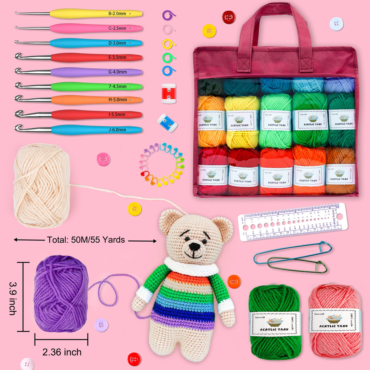Inscraft Crochet Yarn Kit for Beginners Adults and Kids, Includes 1650 Yards 30 Colors Acrylic Skeins, User Manual, Hooks, Wine Bag etc, Make Amigurumi & Projects, Starter Set Professionals