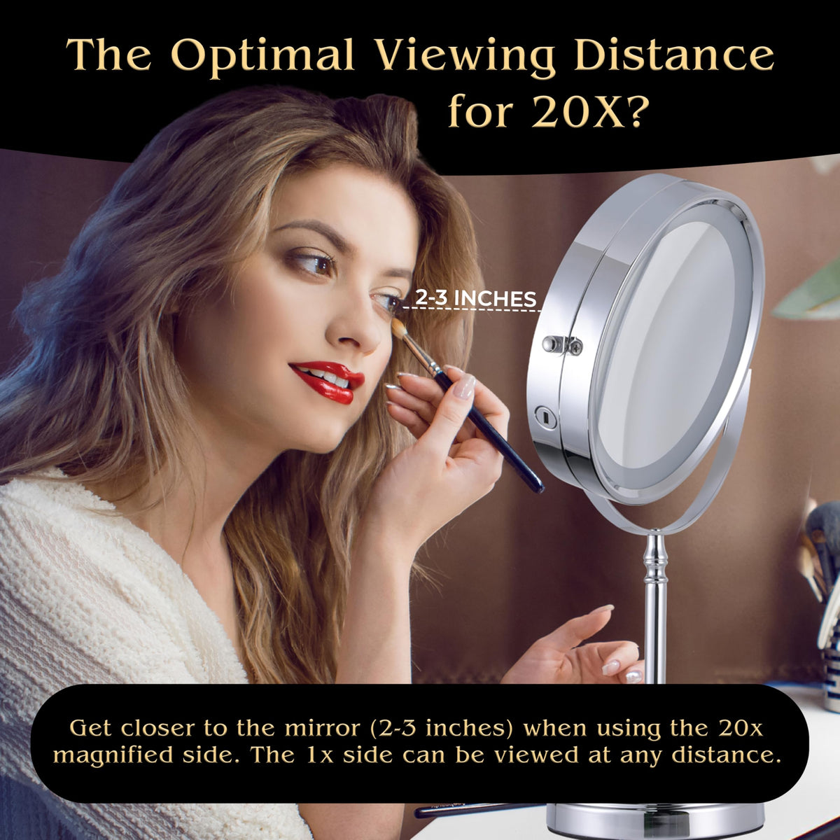 Ultra Zoom 20X Magnifying Illuminated Makeup Mirror - 20X & 1X Dual Sided Glow with 3 Luminous Modes, Charging Cord Included - 38cm Tall x 20cm Wide (Chrome)