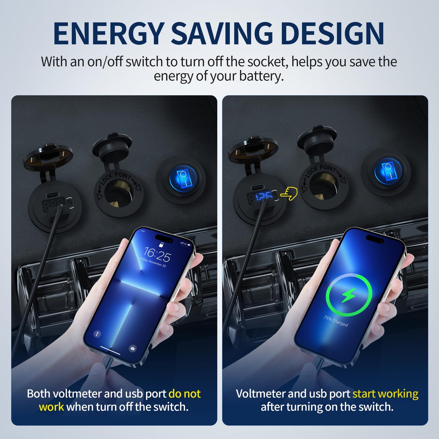 DaierTek 12V USB C Car Charger Socket, 12V USB Outlet, 48W PD Type C & QC 3.0 12 Volt Dual USB Charging Socket Port Waterproof with Voltmeter & ON/Off Switch for Car Marine Boat Golf Cart -3Pack