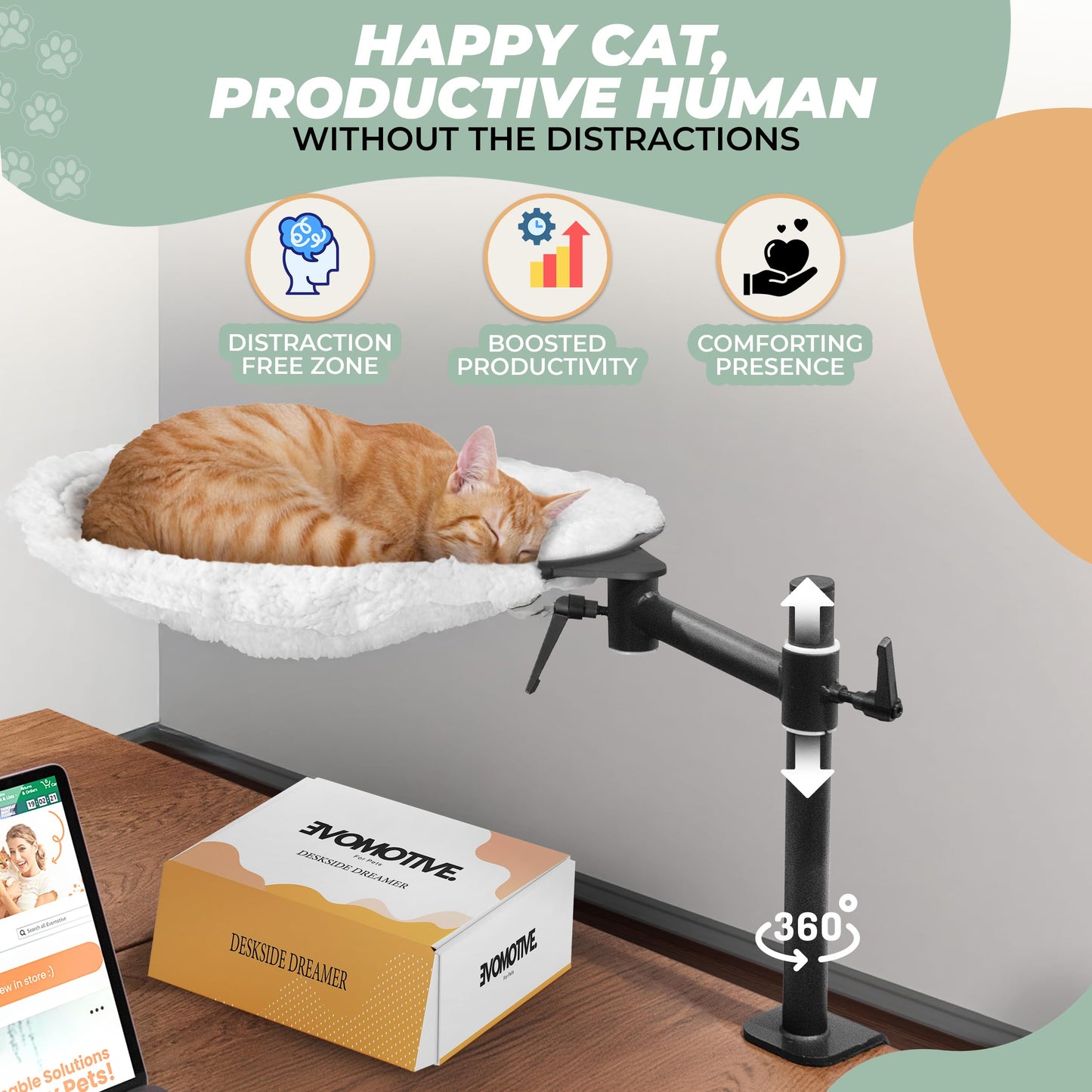 EVOMOTIVE Deskside Dreamer - Cat Desk Perch, [+ Catnip Fish Toy], Comes with [2 Washable Fabrics]: Mesh and Plush, 360° Rotating & Height Adjustable [White]. Max Weight 35LBS