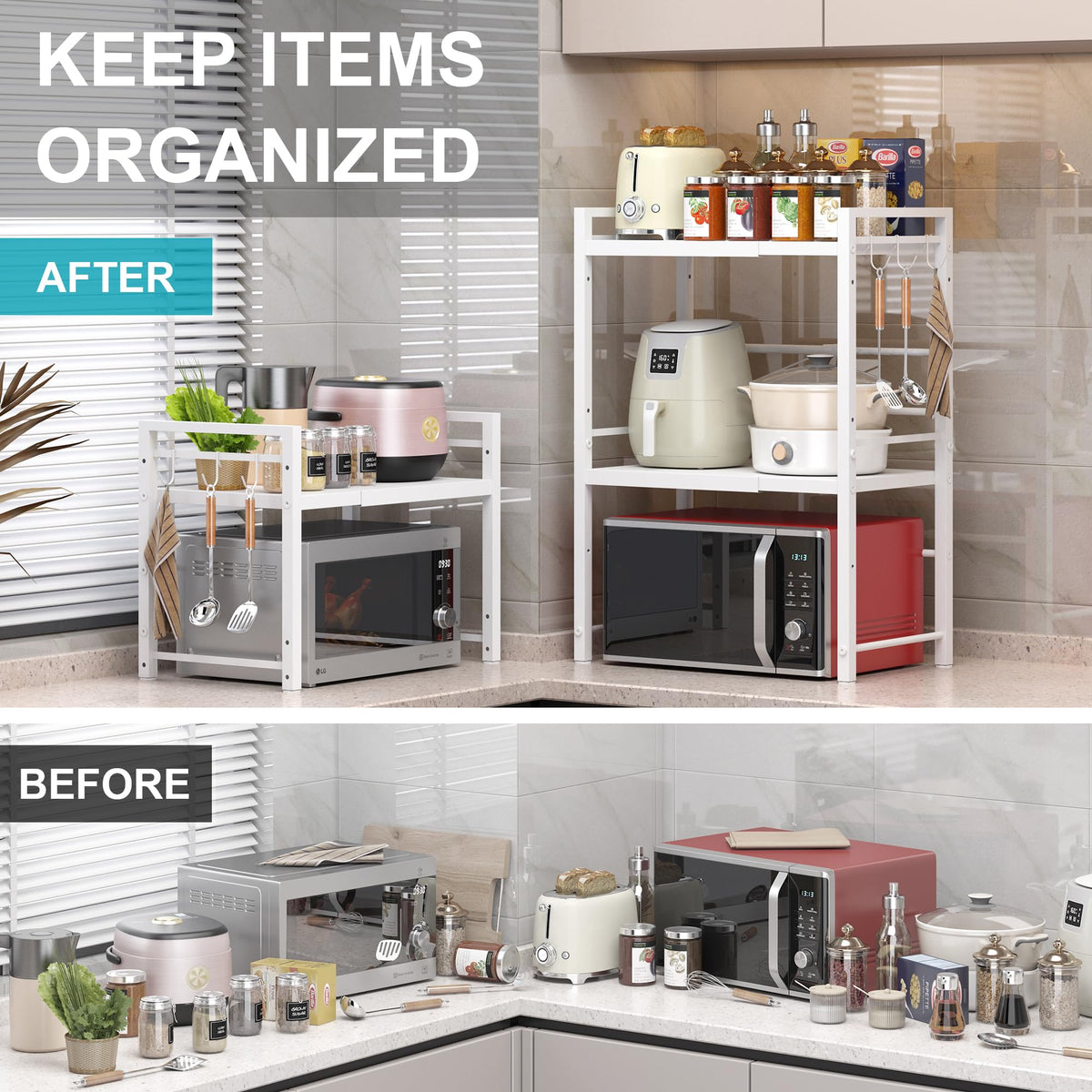 DOLALIKE Microwave Oven Rack, Expandable Microwave Stand Countertop Kitchen Utensils Tableware Storage, Carbon Steel Over Microwave Shelf Countertop 3 Tier with 3 Hooks